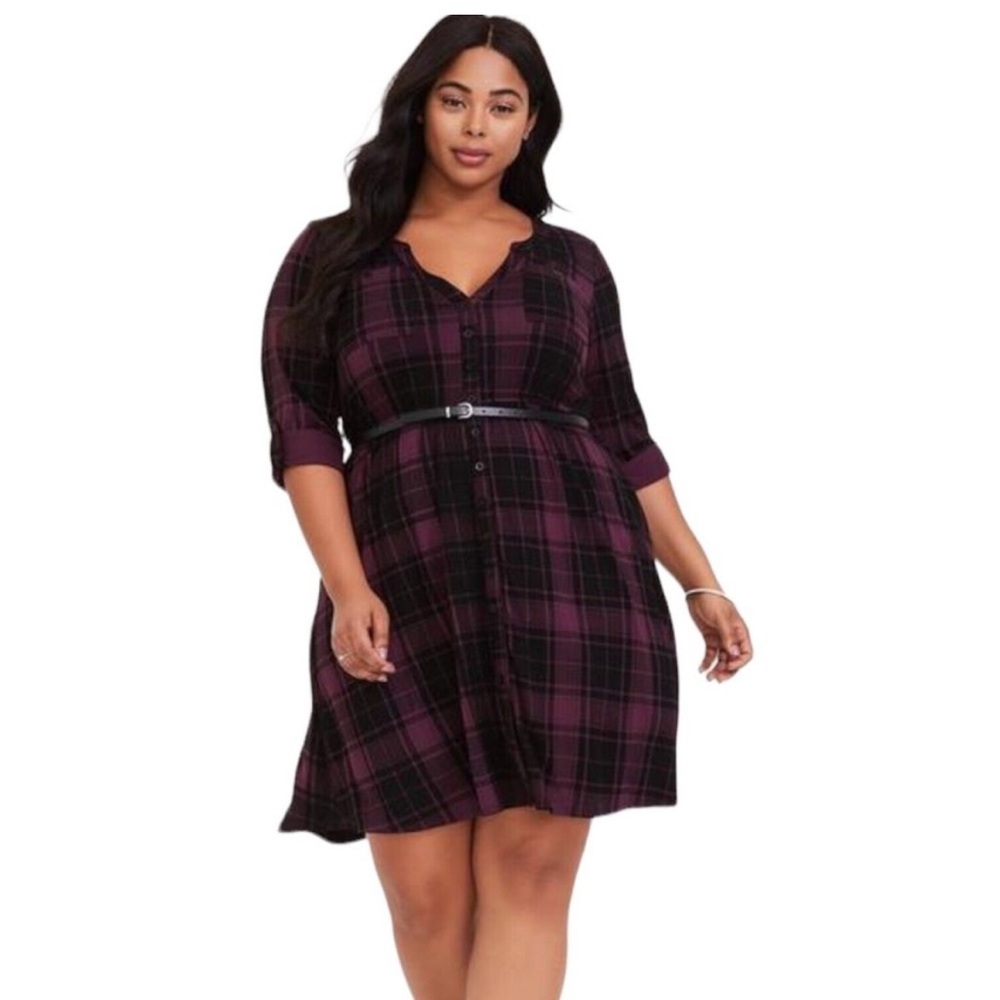 Torrid purple Plaid Button-Down Dress with Rolled Sleeves 2X 18/20 plus size NWT